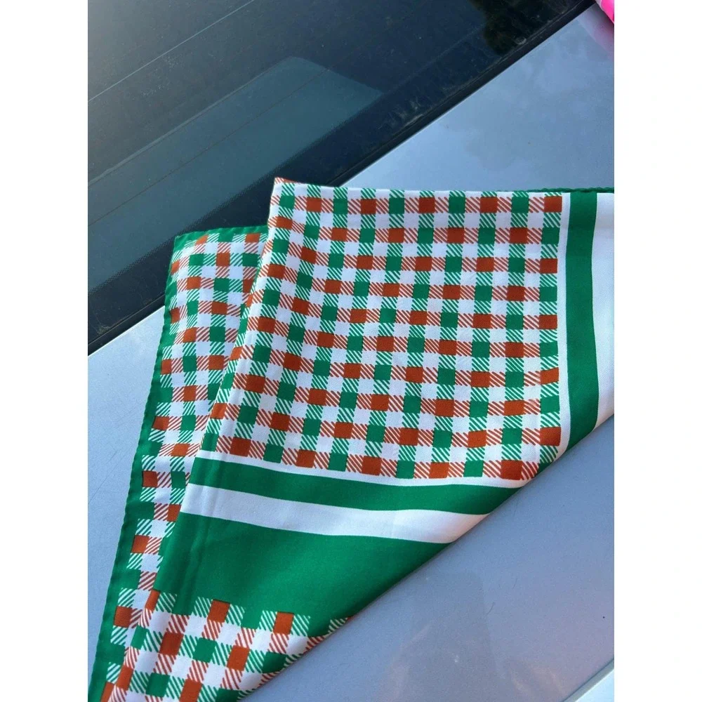 Christian Scarf Womens OS Green Gingham Check Vintage Square Neck Hair Wrap Good